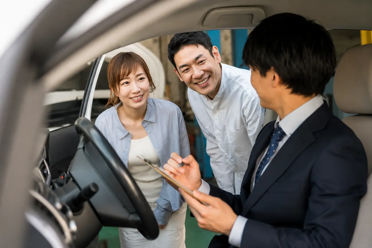 お客様と笑顔で査定を進めるスタッフ
